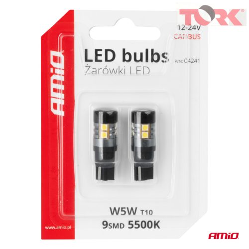 LED izzók CANBUS T10 W5W 9 SMD 3030 Fehér 12V 24V AMIO
