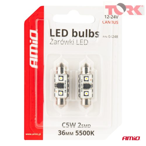 LED CANBUS izzók 12SMD Festoon C5W 3838 36mm Fehér 12/24V AMIO-04248
