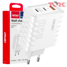 Fali töltő Gyorstöltés 65W USB-A + 2xUSB-C AMIO-04289