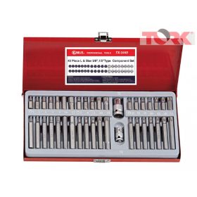   T-torx, imbusz, XZN bit készlet + 3/8" és 1/2" crowa foglalat, 40 darabos